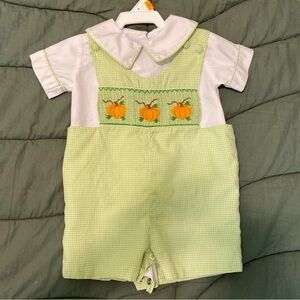 Pumpkin embroidered smocked Jon Jon with Peter Pan collared shirt